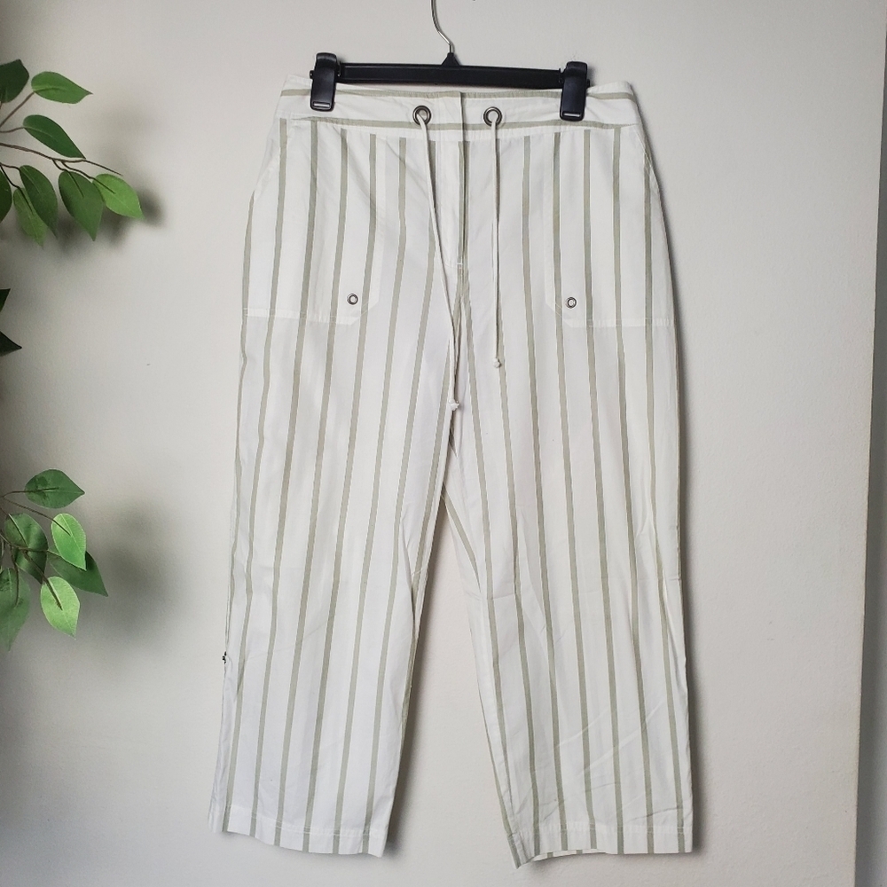 Chicos Pants Womens White Striped Linen Wide Leg Capri US 8